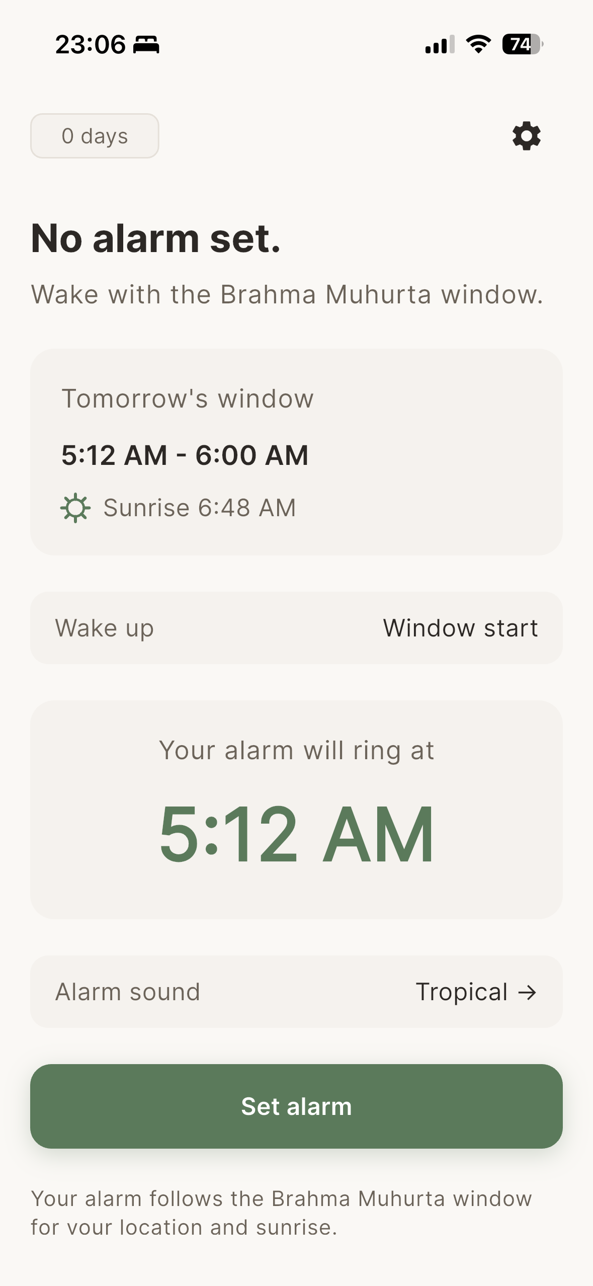 Veda 96 app — alarm set for Brahma Muhurta